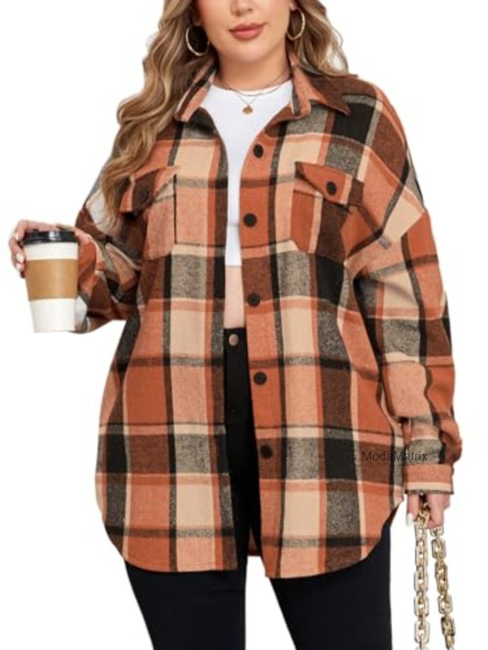 Plus Size Flannel Plaid Shacket Button Down Oversized Coat Shirt
